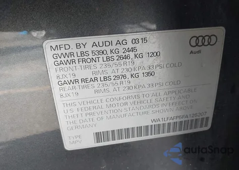 2015 Audi Q5 2.0T Premium z USA, uszkodzony, nr VIN WA1LFAFP5FA125207